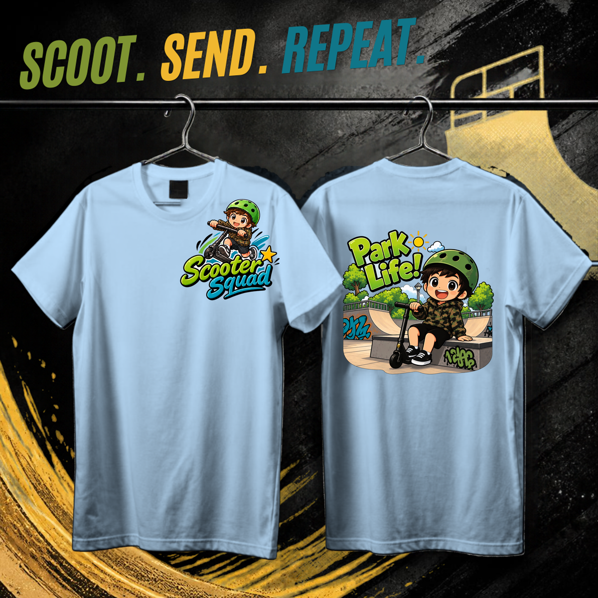 Scooter Squad Park Life kids tee in light blue, logo on the front, Park Life print on the back