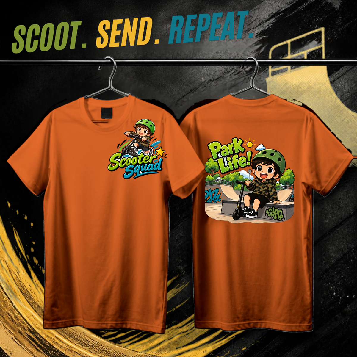 Scooter Squad Park Life kids tee in orange, logo on the front, Park Life print on the back