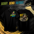 Scooter Squad Pump Track kids tee in black, logo on the front, Pump Track print on the back