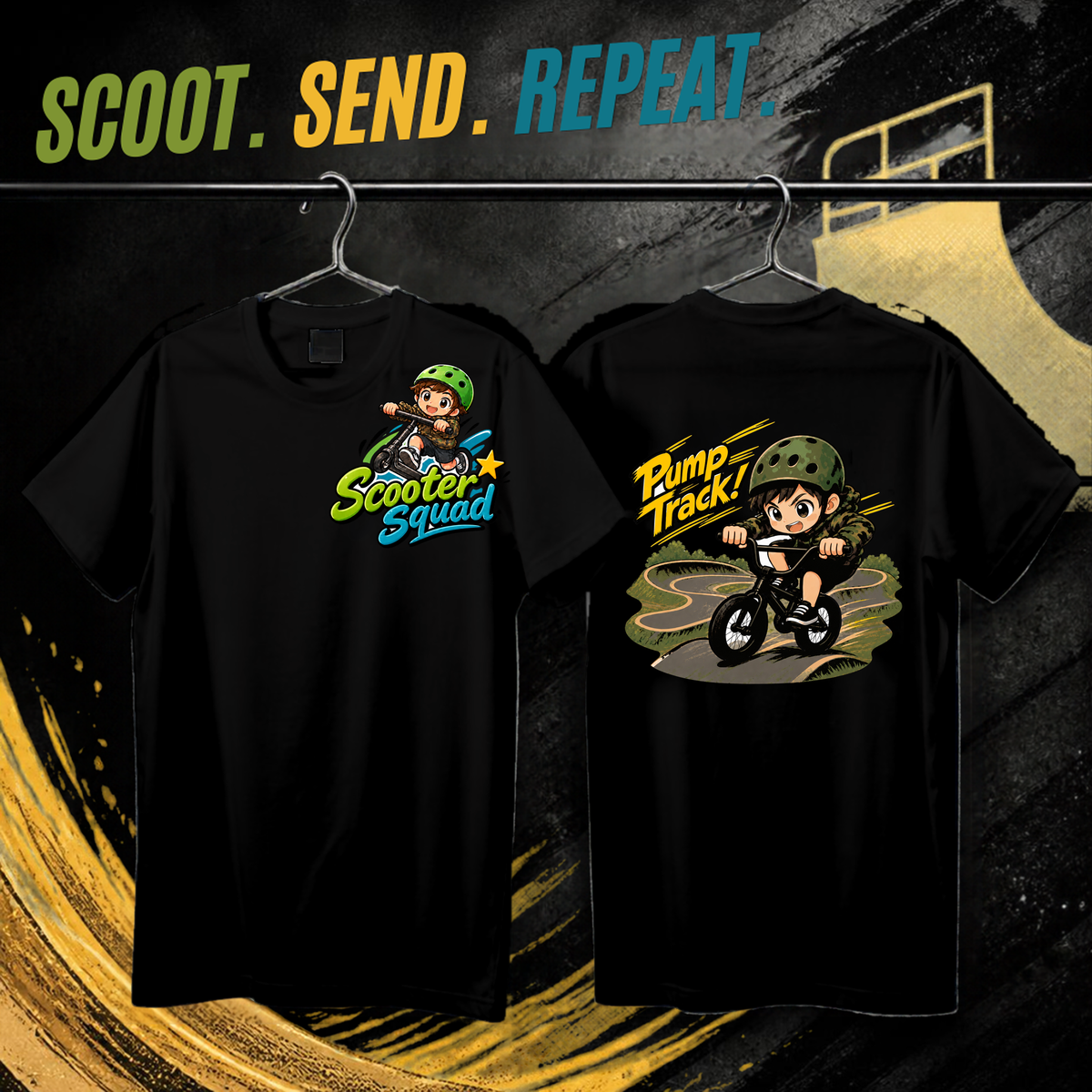 Scooter Squad Pump Track kids tee in black, logo on the front, Pump Track print on the back