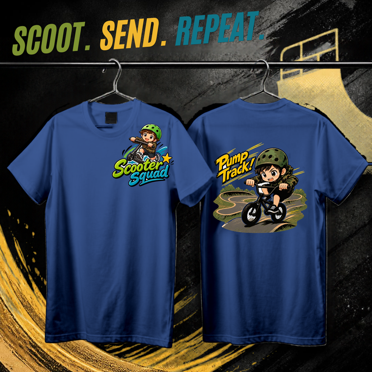 Scooter Squad Pump Track kids tee in royal blue, logo on the front, Pump Track print on the back