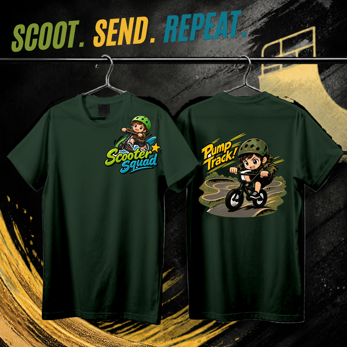 Scooter Squad Pump Track kids tee in forest green, logo on the front, Pump Track print on the back