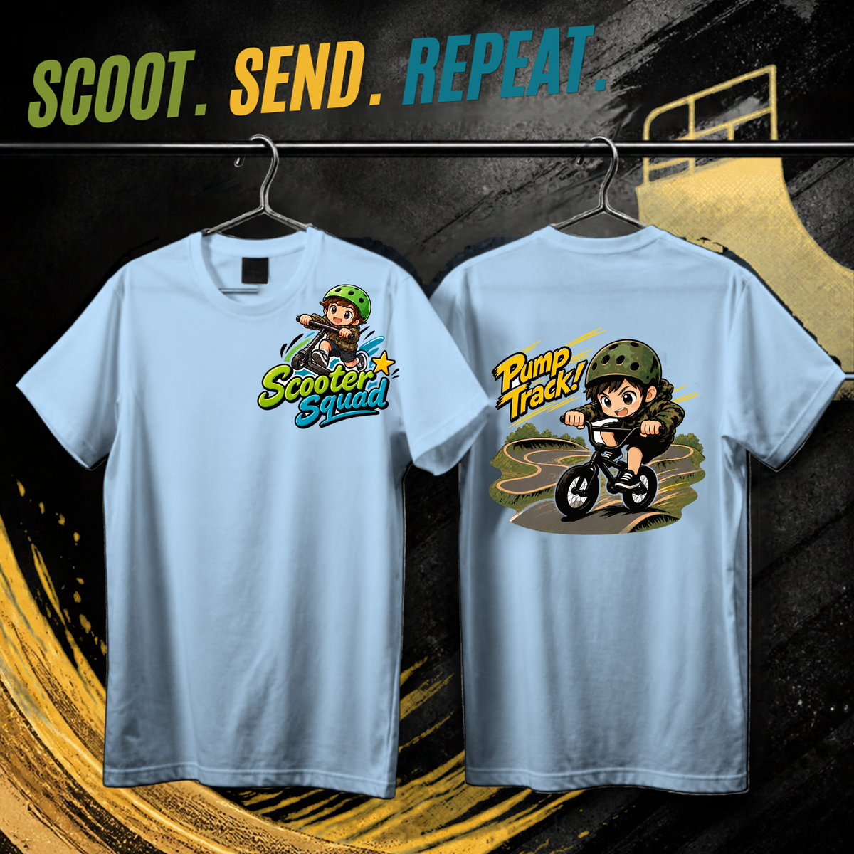 Scooter Squad Pump Track kids tee in light blue, logo on the front, Pump Track print on the back
