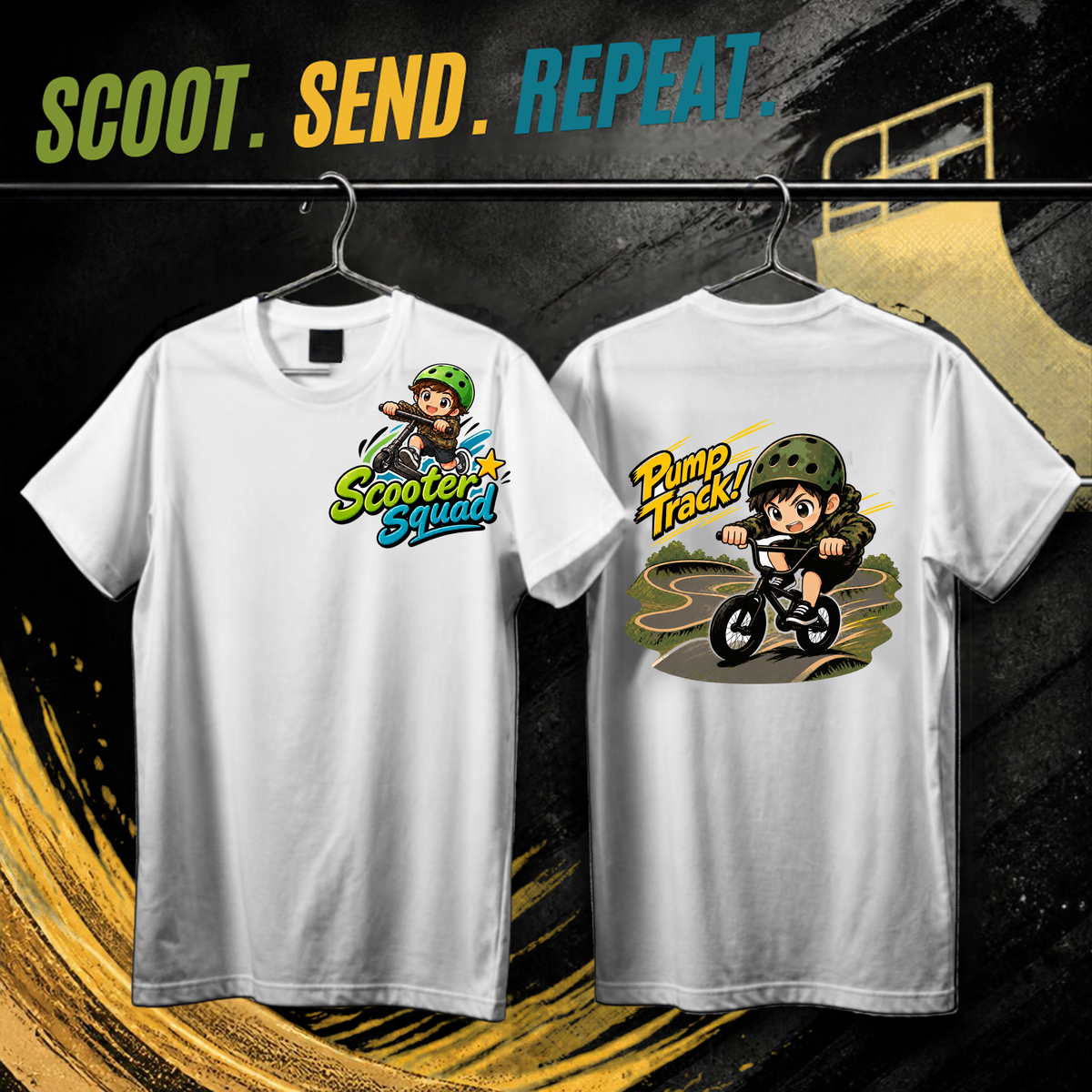 Scooter Squad Pump Track kids tee in white, logo on the front, Pump Track print on the back