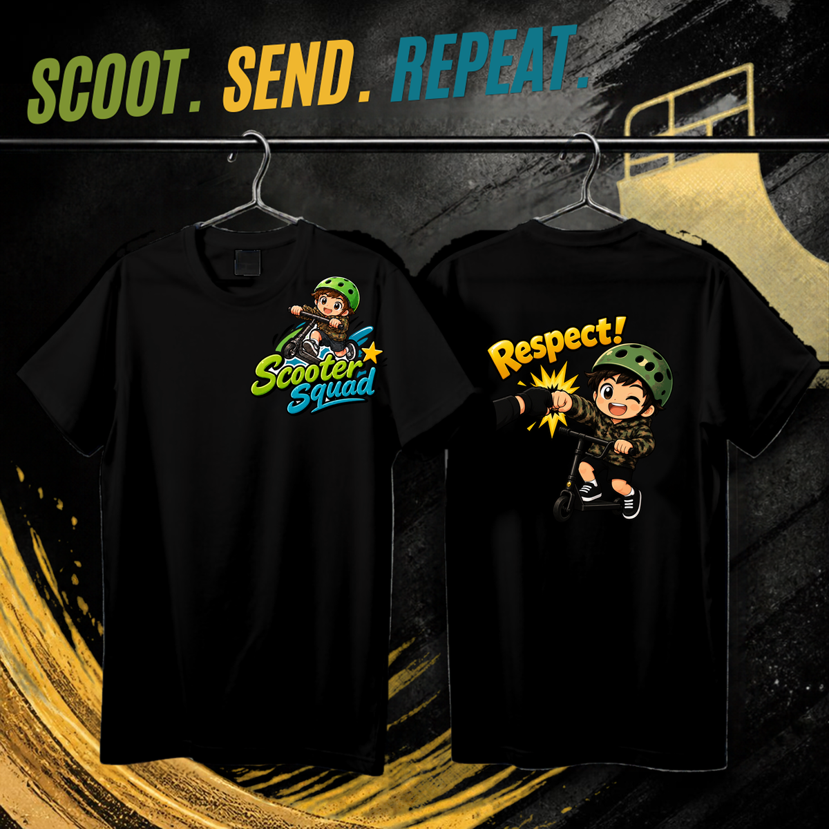 Scooter Squad Respect kids tee in Black, logo on the front, Respect print on the back