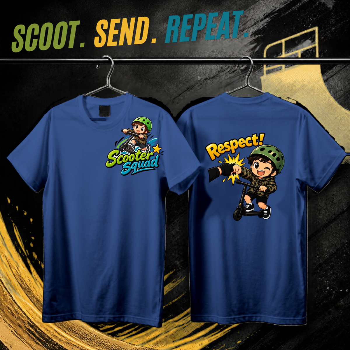 Scooter Squad Respect kids tee in royal blue, logo on the front, Respect print on the back