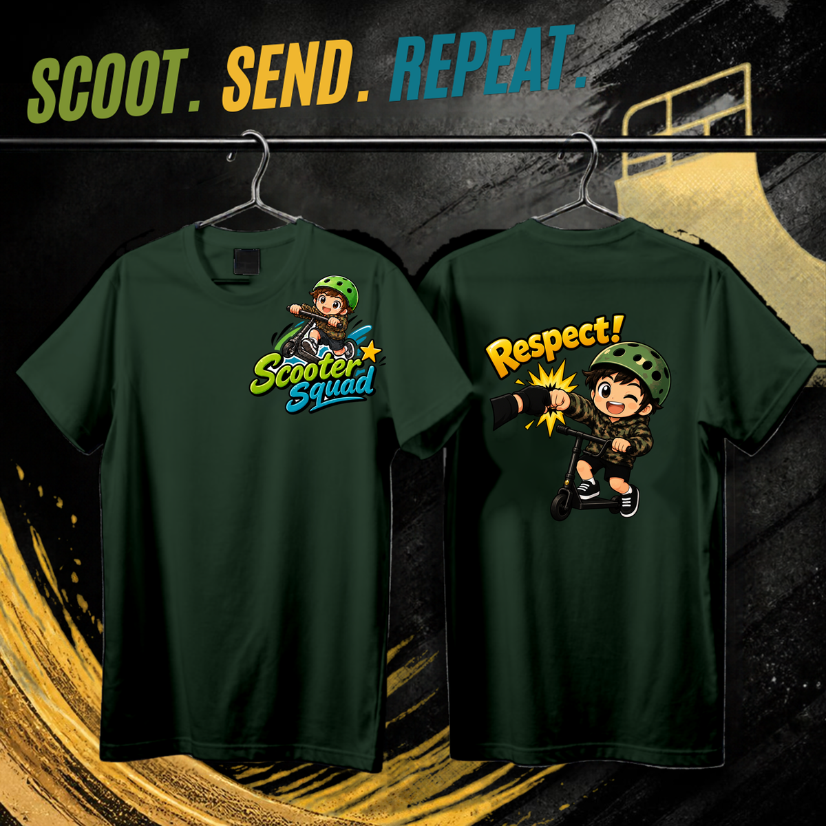 Scooter Squad Respect kids tee in Green, logo on the front, Respect print on the back