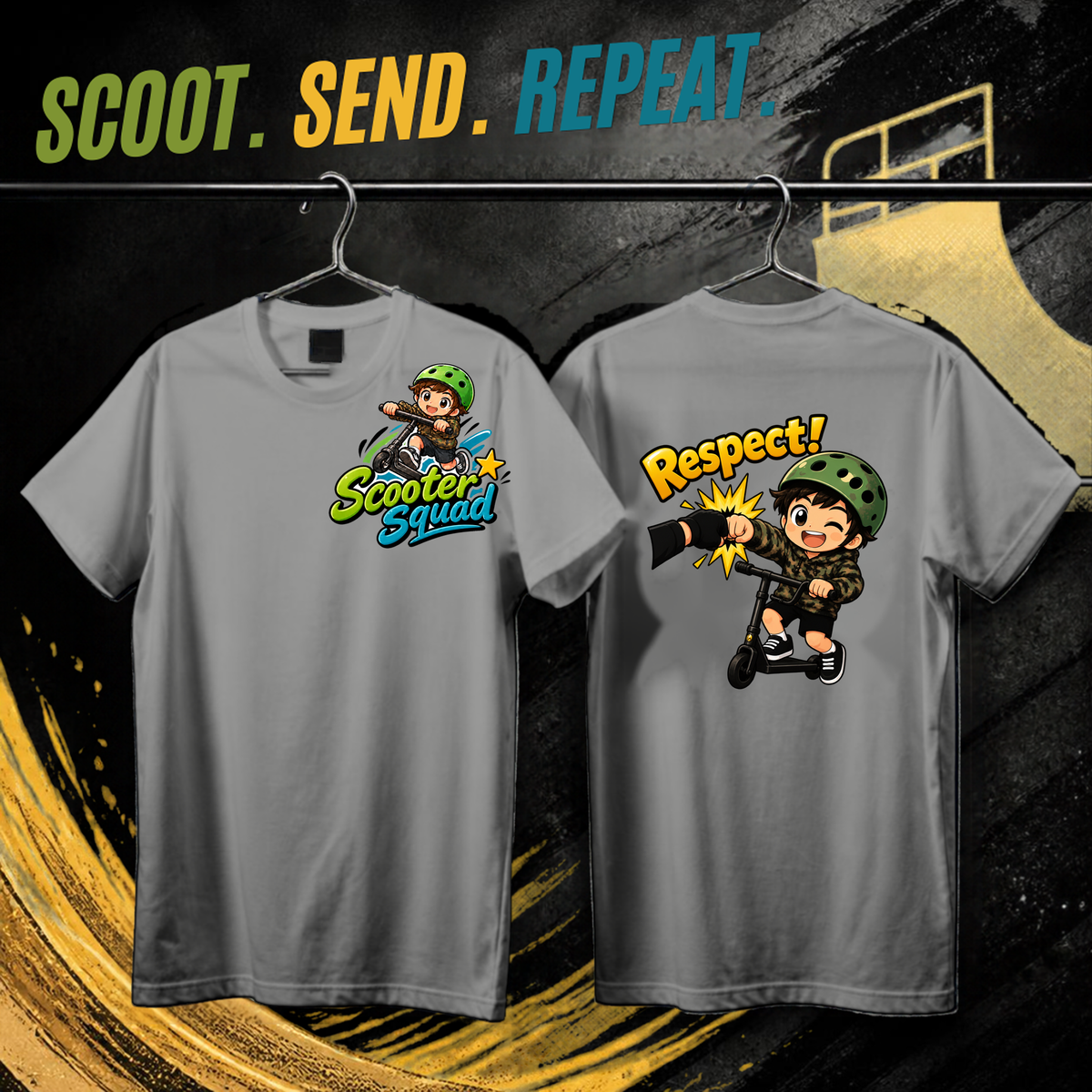 Scooter Squad Respect kids tee in grey marle, logo on the front, Respect print on the back