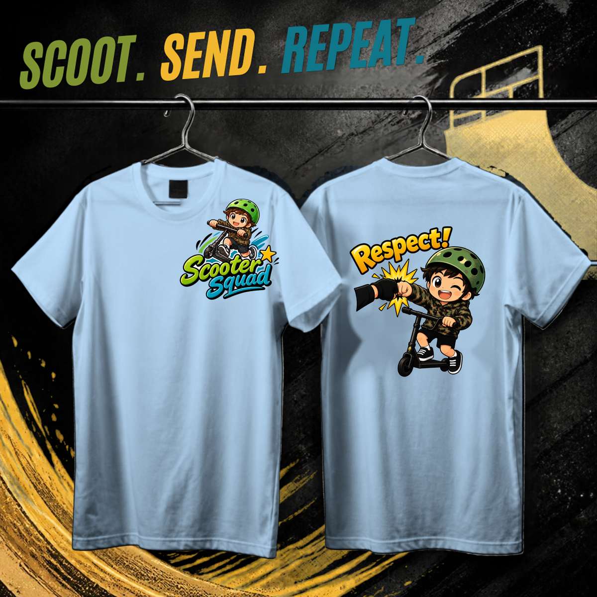 Scooter Squad Respect kids tee in White, logo on the front, Respect print on the back