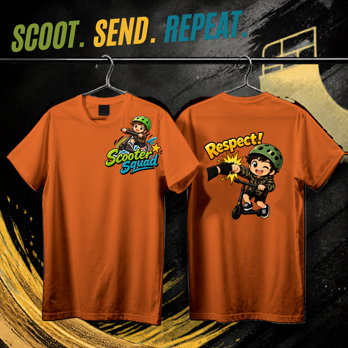 Scooter Squad Respect kids tee in orange, logo on the front, Respect print on the back