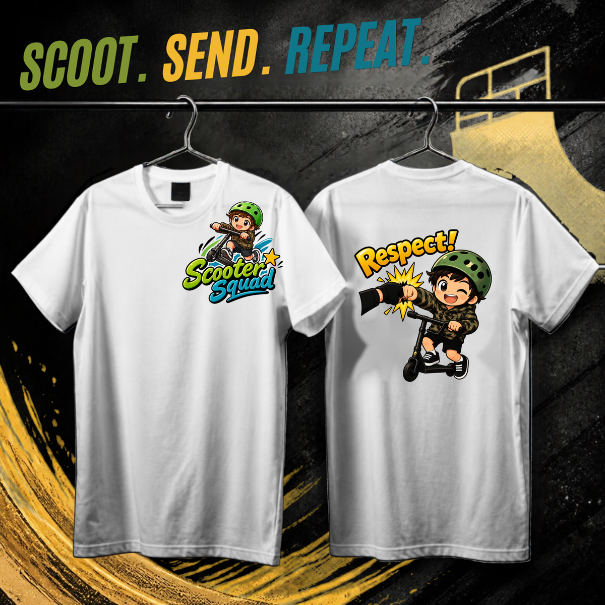 Scooter Squad Respect kids tee in White, logo on the front, Respect print on the back