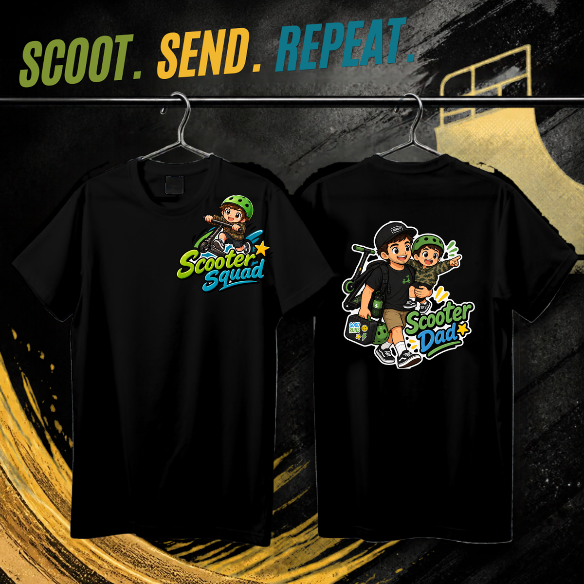 Scooter Squad Scooter Dad mens tee in black, logo on the front, Scooter Dad print on the back