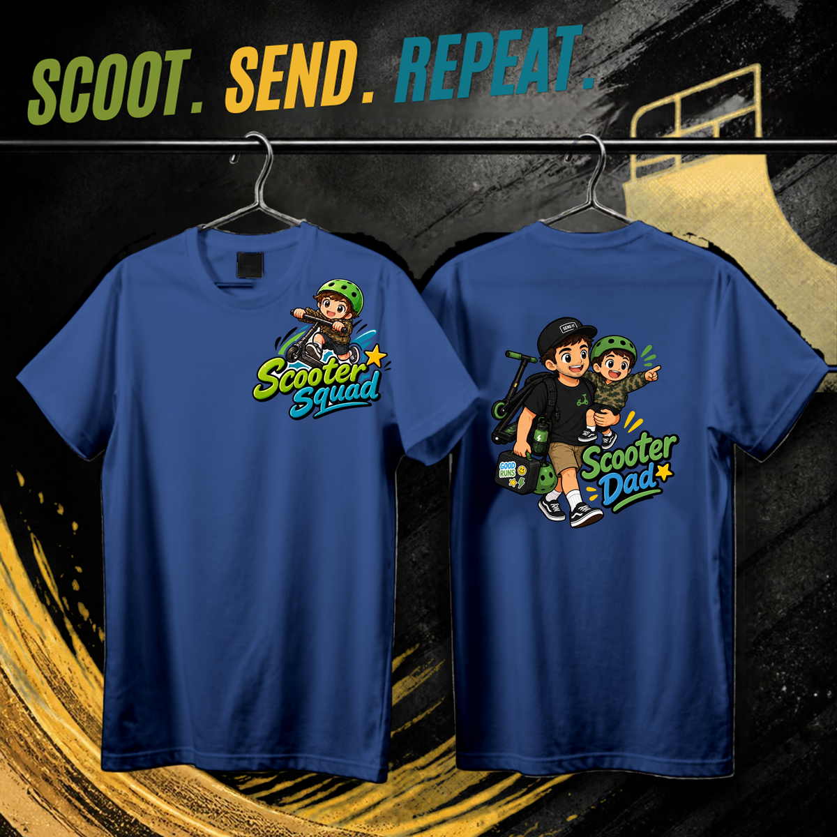 Scooter Dad tee in royal blue, Scooter Squad logo front, Scooter Dad on the back