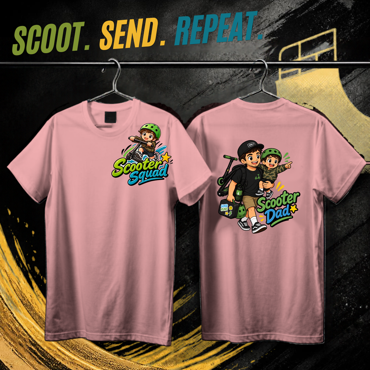 Scooter Squad Scooter Dad mens tee in pink, logo on the front, Scooter Dad print on the back