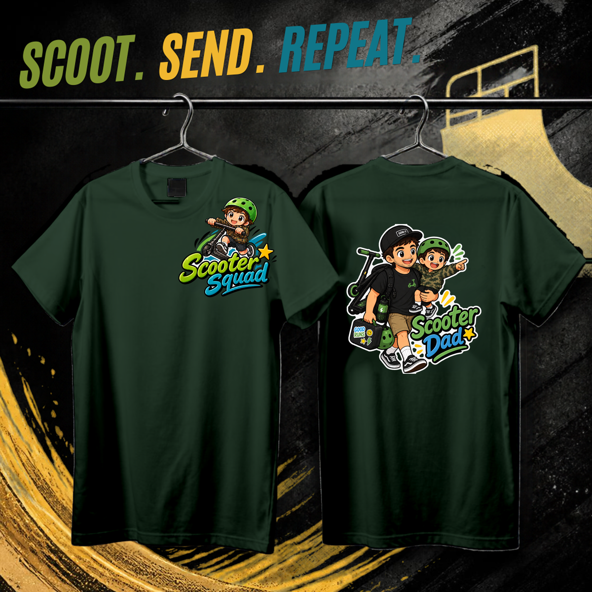 Scooter Squad Scooter Dad mens tee in forest green, logo on the front, Scooter Dad print on the back