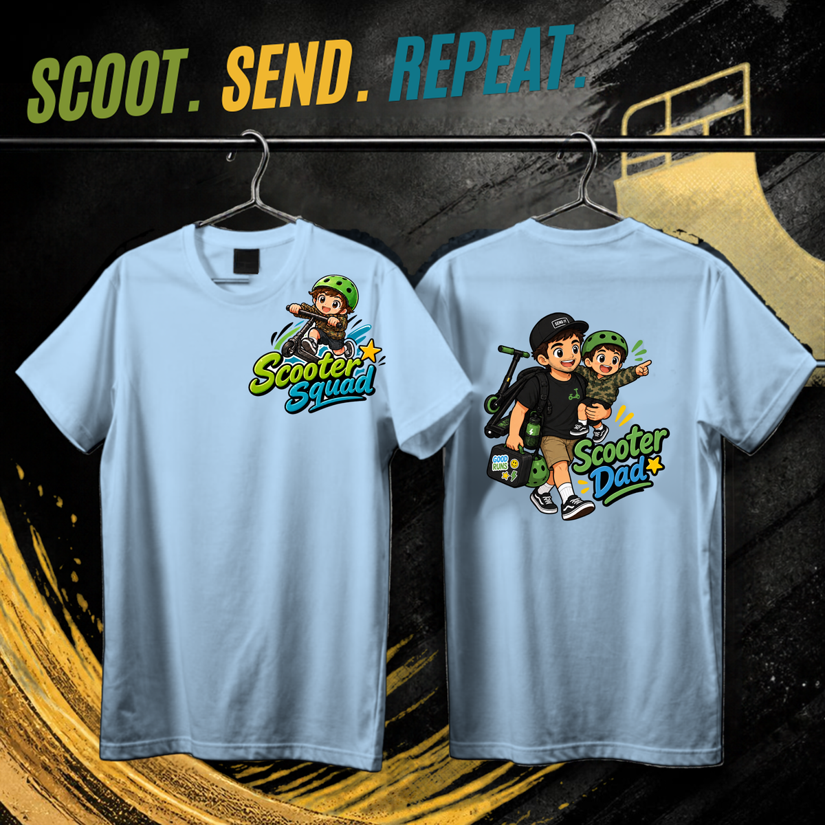 Scooter Squad Scooter Dad mens tee in light blue, logo on the front, Scooter Dad print on the back