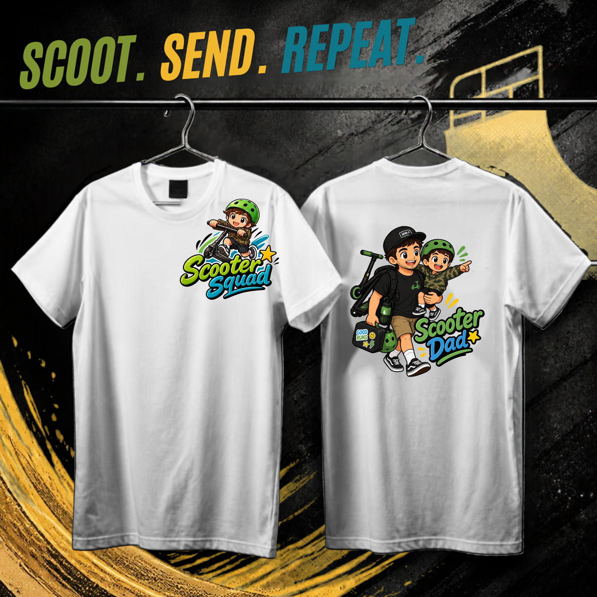 Scooter Squad Scooter Dad mens tee in white, logo on the front, Scooter Dad print on the back