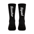Scooter Squad crew socks in black, Scooter on one leg and Squad on the other
