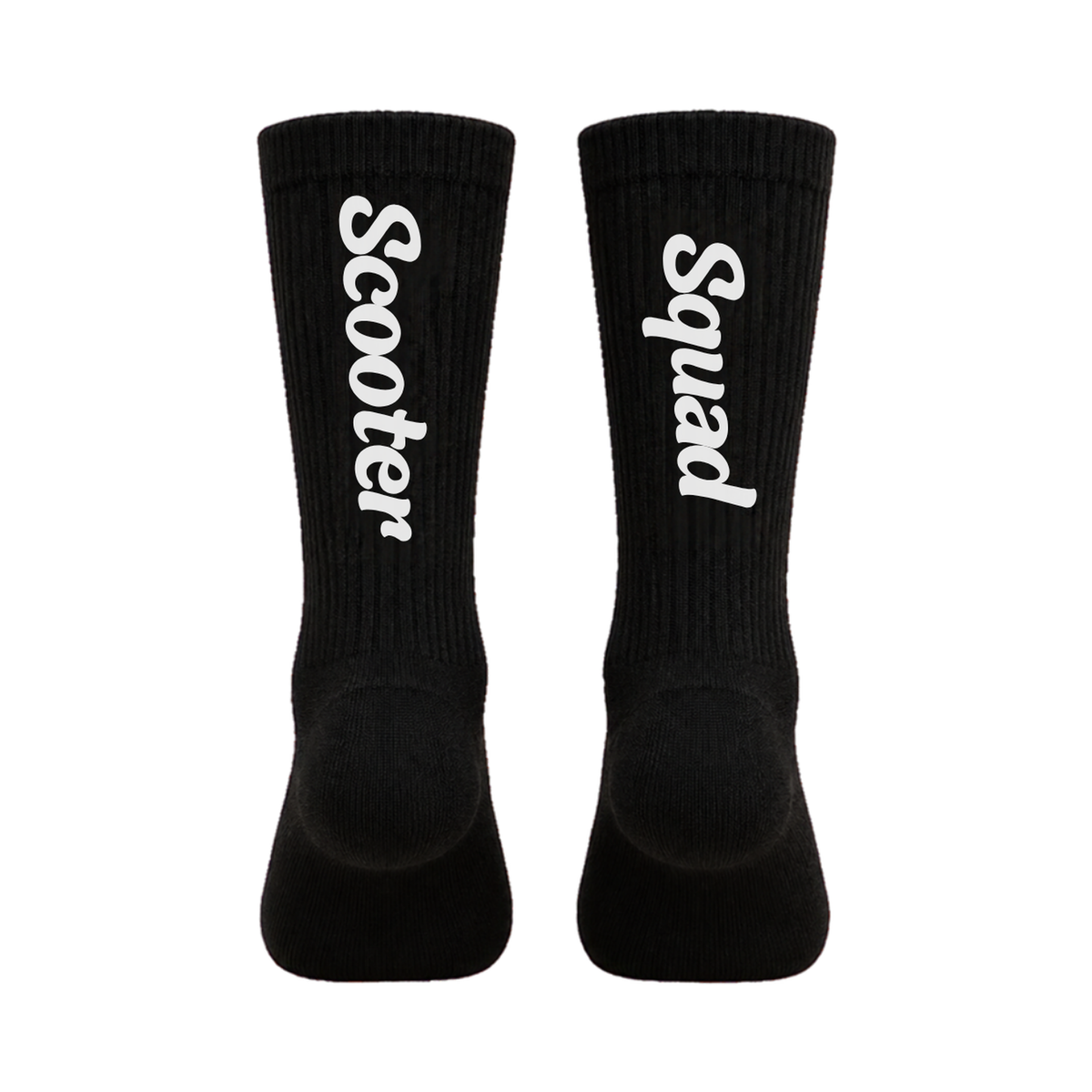 Scooter Squad crew socks in black, Scooter on one leg and Squad on the other
