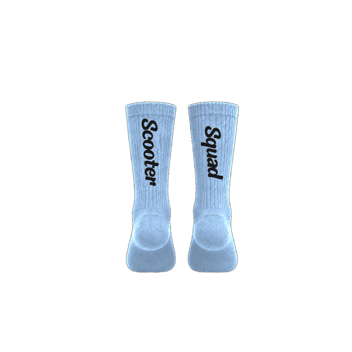 Scooter Squad crew socks in carolina blue, Scooter on one leg and Squad on the other