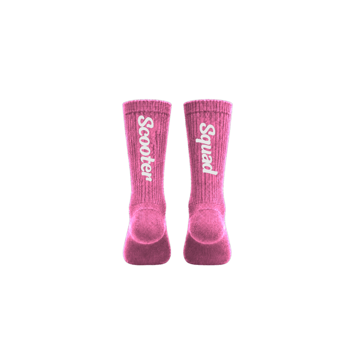 Scooter Squad crew socks in charity pink, Scooter on one leg and Squad on the other