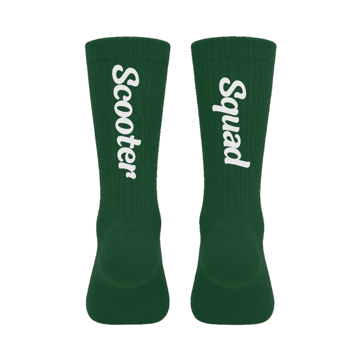 Scooter Squad crew socks in forest green, Scooter on one leg and Squad on the other