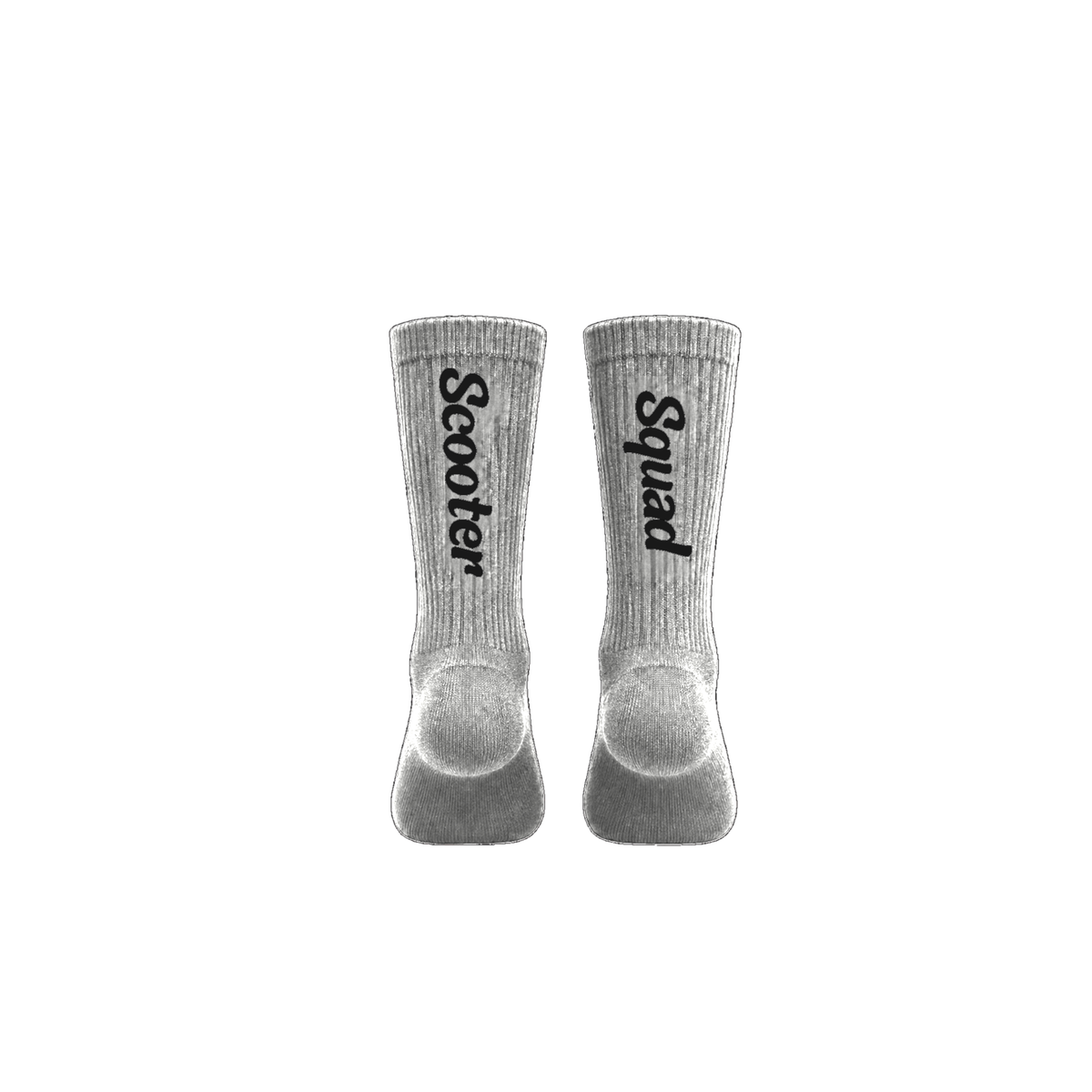 Scooter Squad crew socks in grey marle, Scooter on one leg and Squad on the other