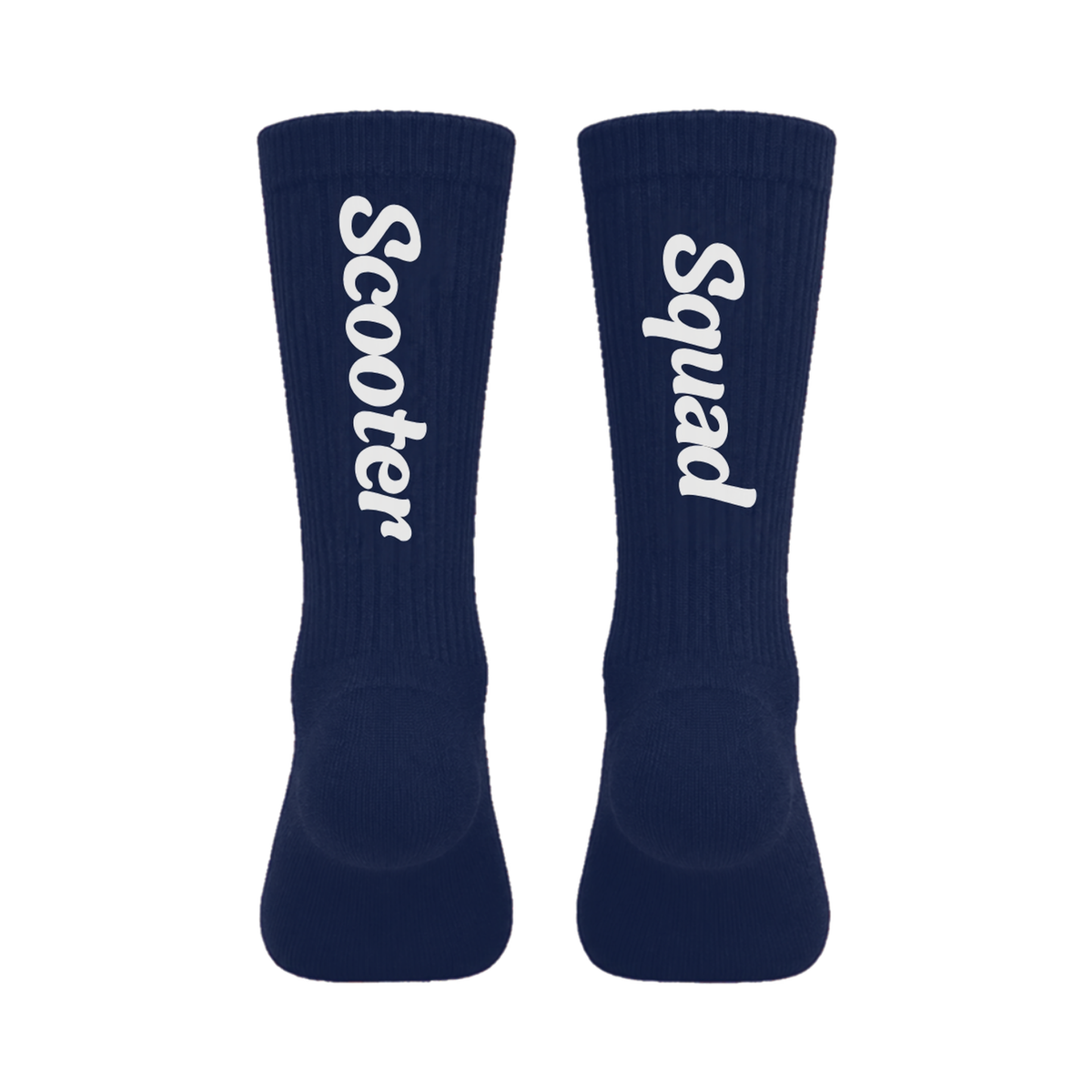 Scooter Squad crew socks in navy, Scooter on one leg and Squad on the other