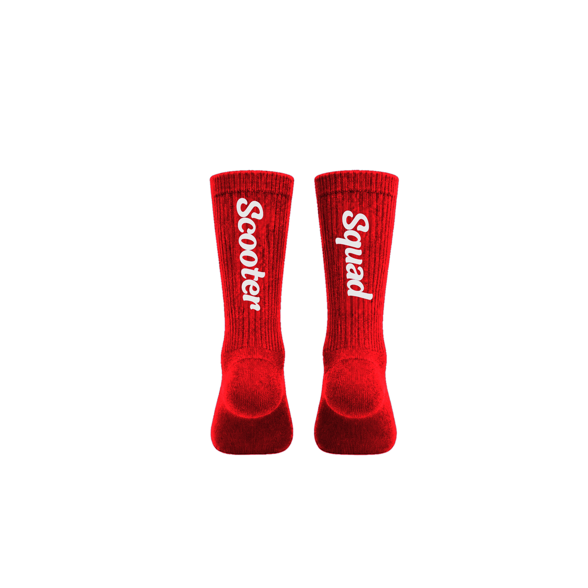 Scooter Squad crew socks in red, Scooter on one leg and Squad on the other