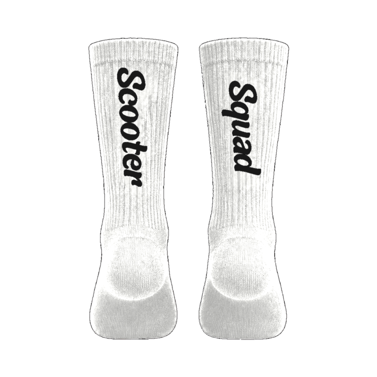 Scooter Squad crew socks in white, Scooter on one leg and Squad on the other