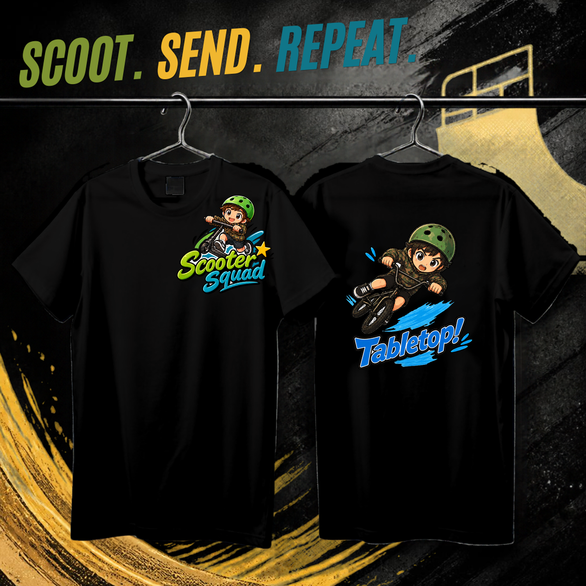 Scooter Squad Tabletop kids tee in black, logo on the front, Tabletop print on the back