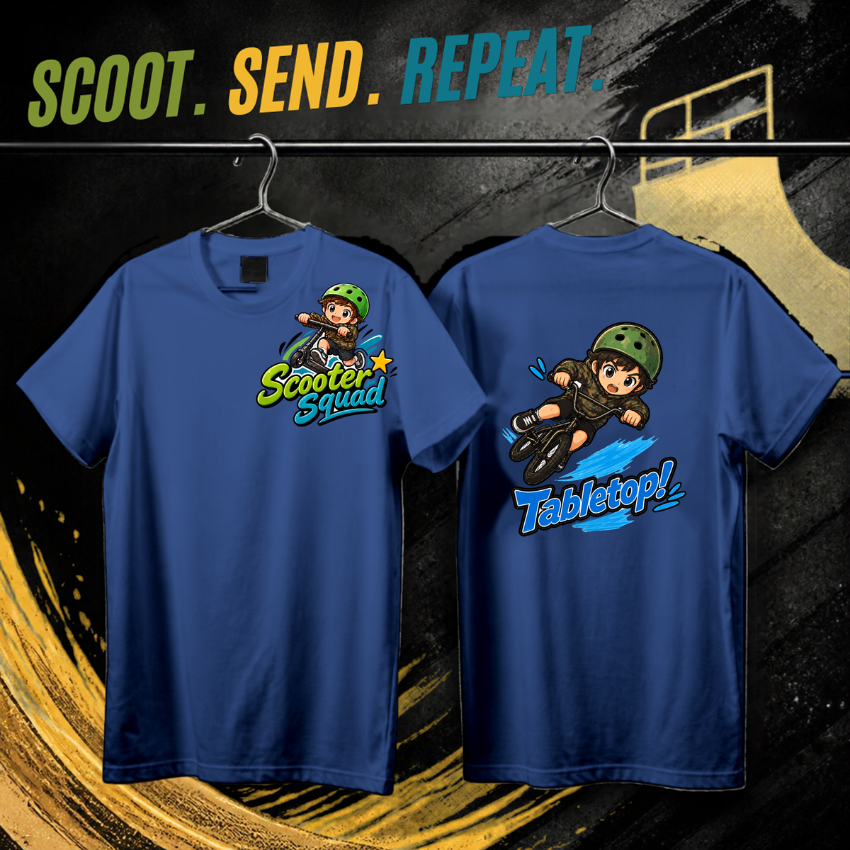 Scooter Squad Tabletop kids tee in royal blue, logo on the front, Tabletop print on the back
