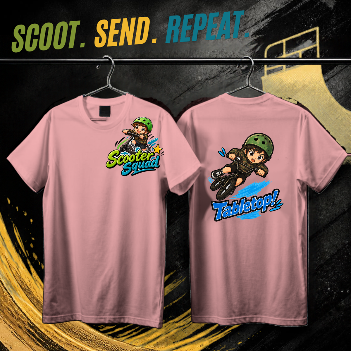 Scooter Squad Tabletop kids tee in pink, logo on the front, Tabletop print on the back.