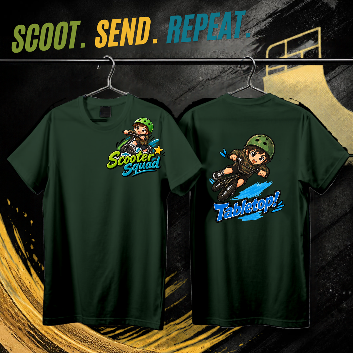 Scooter Squad Tabletop kids tee in forest green, logo on the front, Tabletop print on the back.