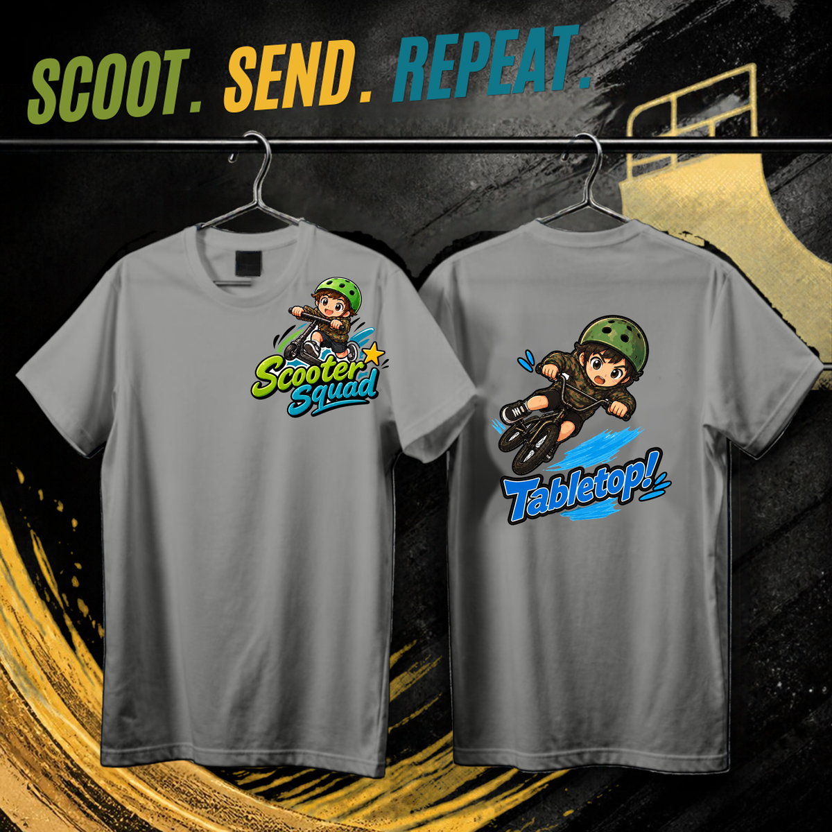 Scooter Squad Tabletop kids tee in grey marle, logo on the front, Tabletop print on the back