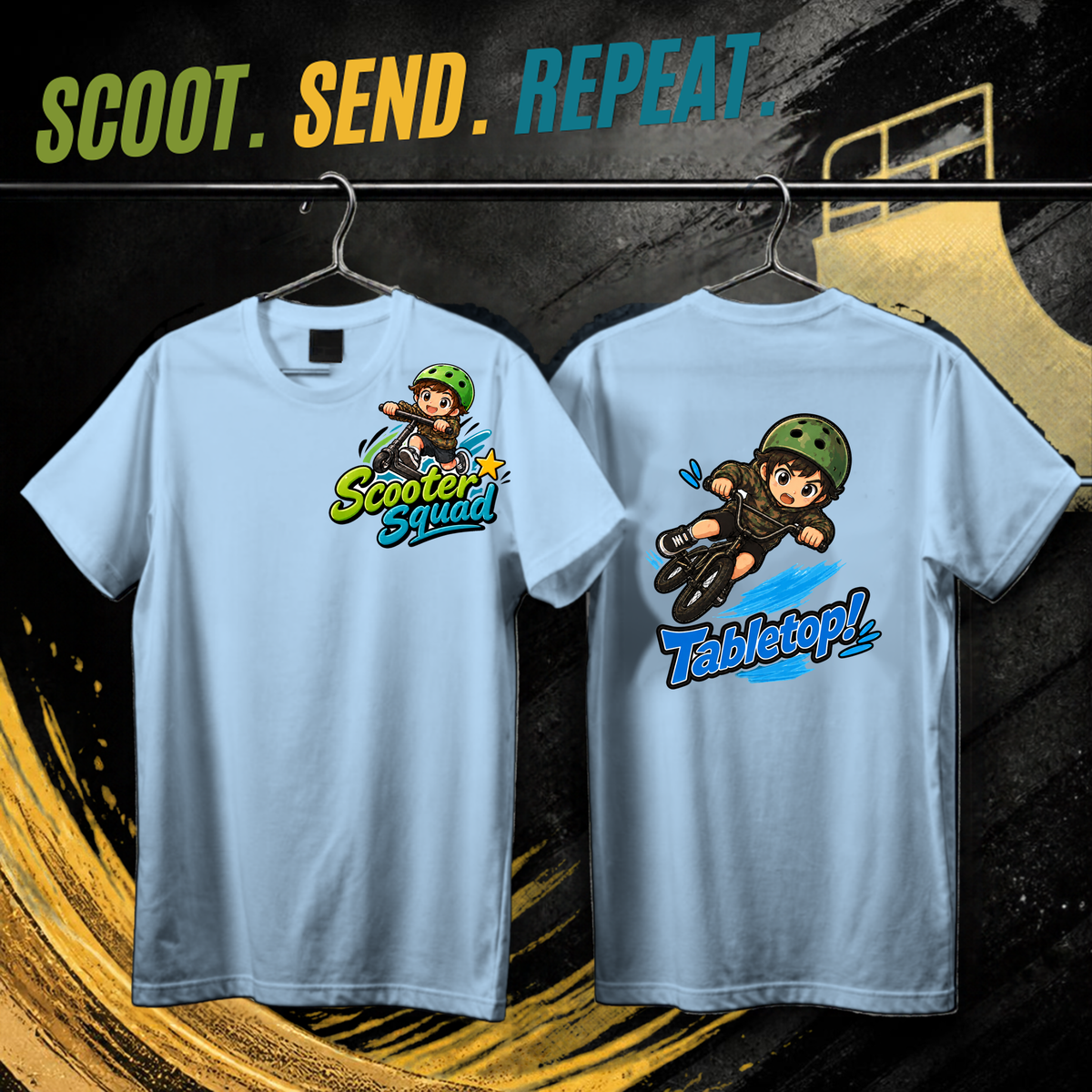 Scooter Squad Tabletop kids tee in blue, logo on the front, Tabletop print on the back.