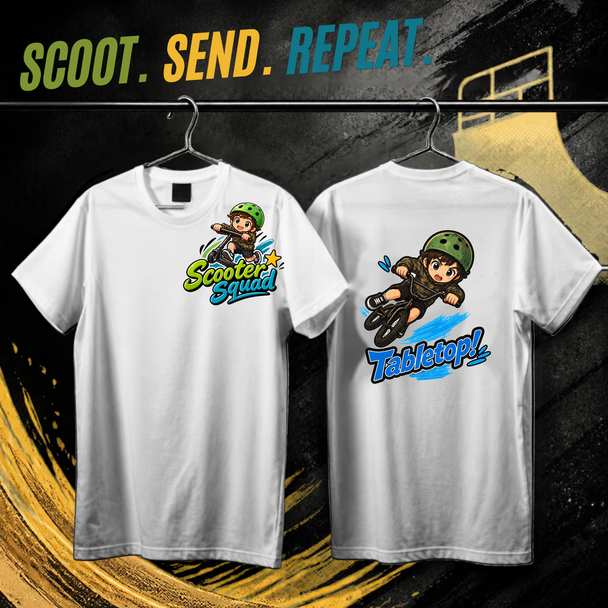 Scooter Squad Tabletop kids tee in white, logo on the front, Tabletop print on the back.