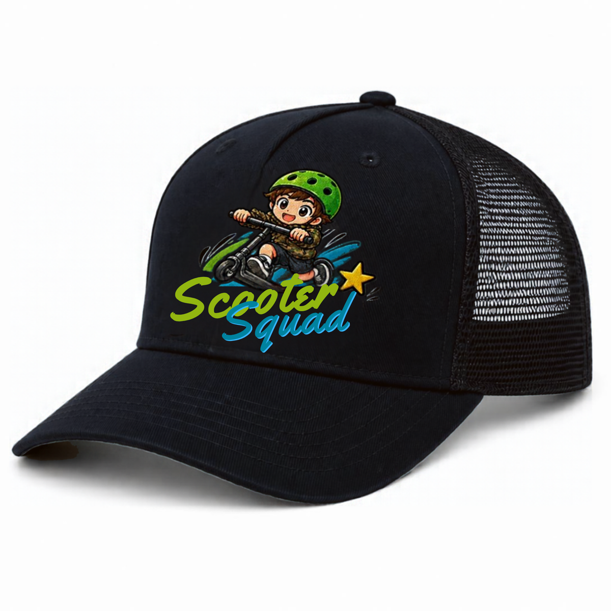 Scooter Squad trucker cap in black, full-colour logo on the front panel