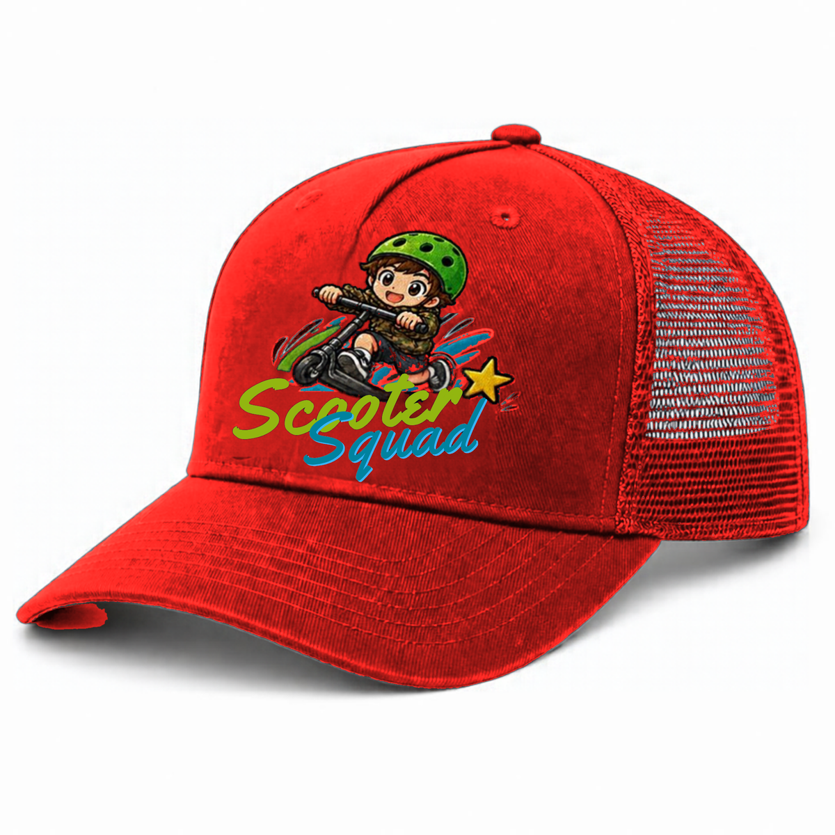 Scooter Squad trucker cap in red, full-colour logo on the front panel
