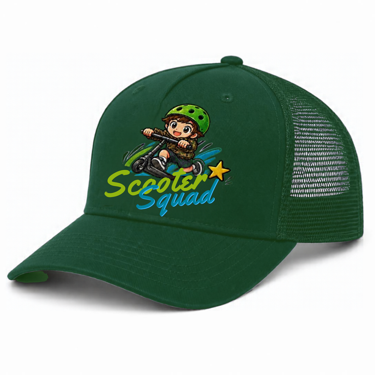 Scooter Squad trucker cap in forest green, full-colour logo on the front panel