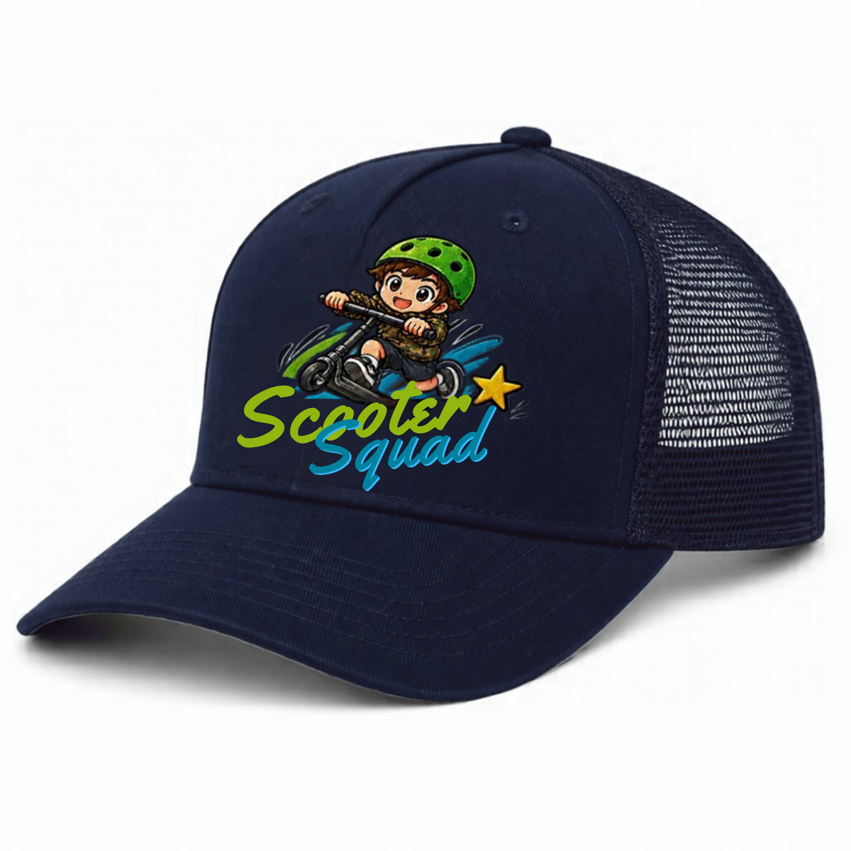 Scooter Squad trucker cap in navy, full-colour logo on the front panel